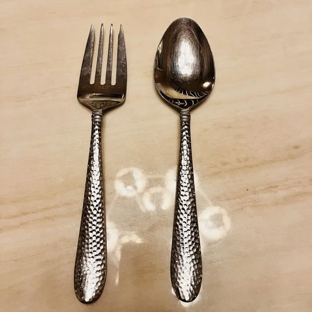 Set Of Towle Logan Hammered Stainless Serving Spoon & Serving Fork 8 3/4